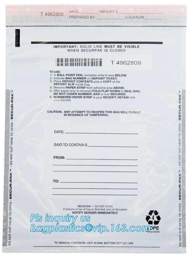 Security Bank Bags with Barcode /QR Code, Safety Plastic Bank Deposit Tamper Proof Cash Security Bags Manufactory, pac
