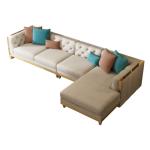 Beige Tufted Chesterfield Sofa Genuine Leather Sofa Set With Brass Base