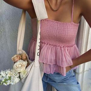 China Pink Sexy Womens Summer Cami Tops Hem Mesh Spliced With Lotus Leaf Design wholesale