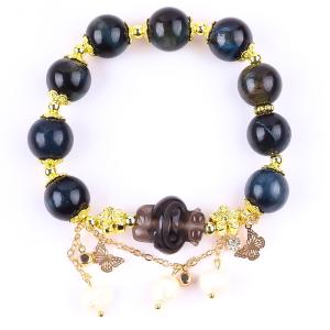 China Handmade Gemstone Beaded Bracelet Natural Ink Blue Tiger's Eye Adjustable Peal Charm Bracelet For Party Daily Wearing wholesale