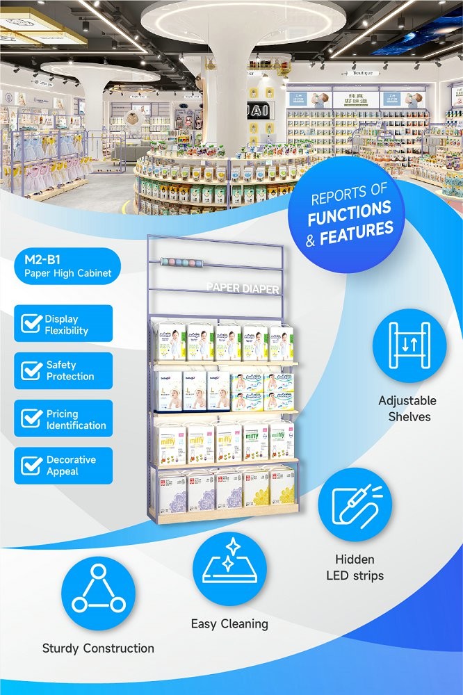 M2-B1 Kid-friendly Diaper Display Cabinet with LED Strips and Transparent Acrylic Tube for Baby Goods Section