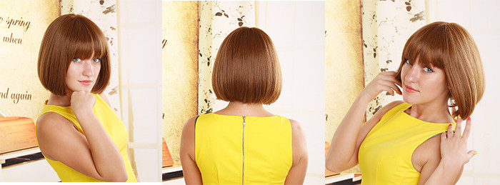 Custom Silky Straight Synthetic Wig , Short Bob Wigs With Bangs