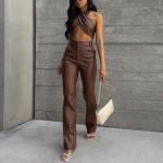 Brown Two Piece Casual Set Sexy Halter Vest Slim Straight Trousers Suit