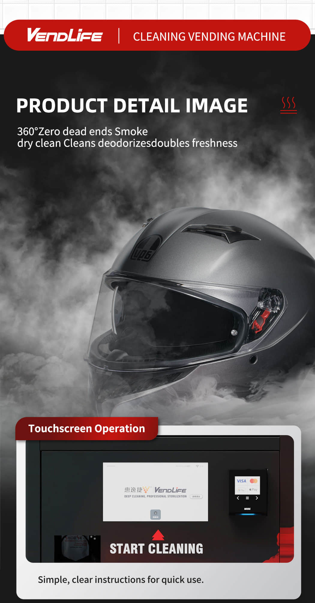 Smart Helmet Cleaning Vending Machine with UV Sterilization, Automatic Drying, Deodorizing System and QR Card Payment for Motorcycle Shops, Gyms and
