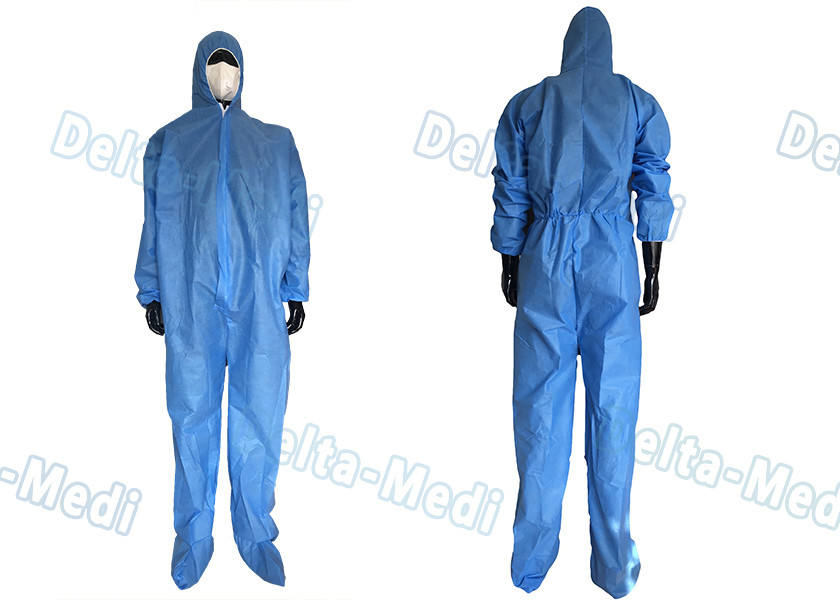 Safe Disposable Coverall Suit , SMS Disposable Blue Coveralls With Hood / Boots Integral