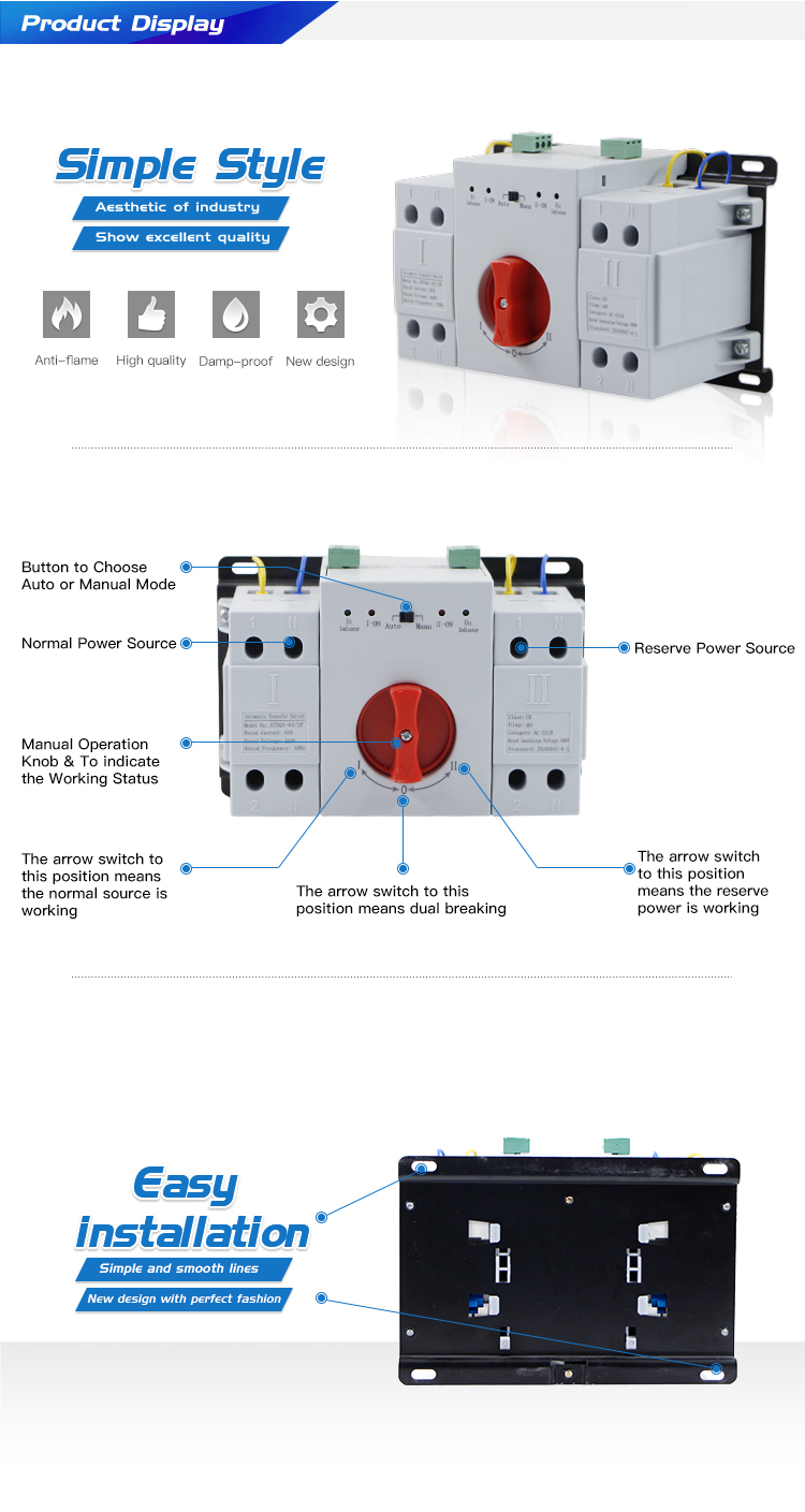 MCB type high quality Dual Power Automatic changeover switch