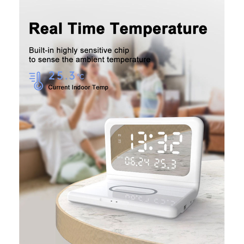 Custom Mini Wireless Rechargeable Calendar Digital Clock Multifunctional Miniature Alarm Clock Mobile Phone Charging