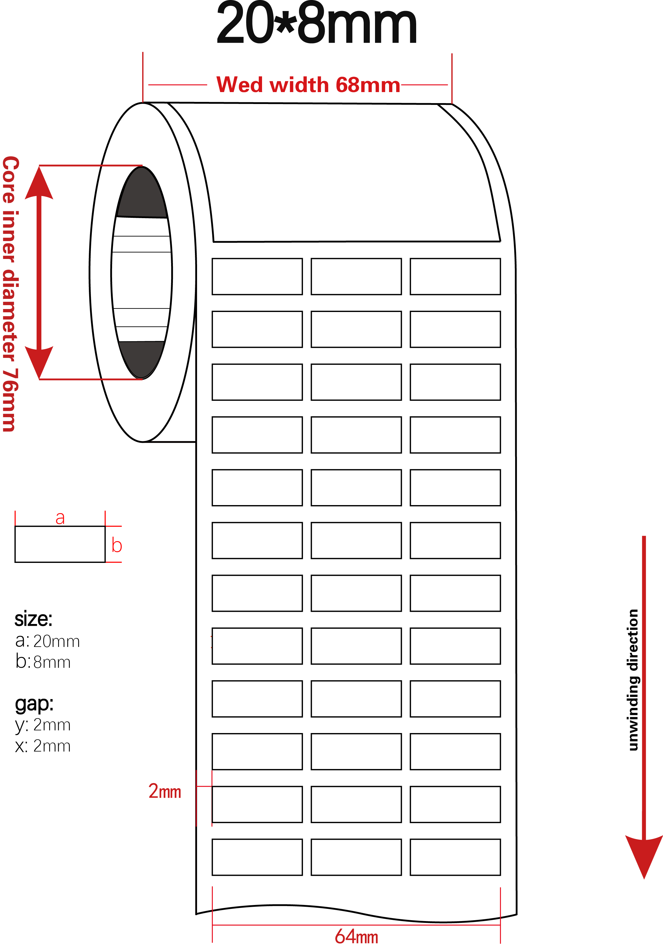 20mmx8mm 1mil Thermal Transfer Roll Labels White Matte Label For 3 Row
