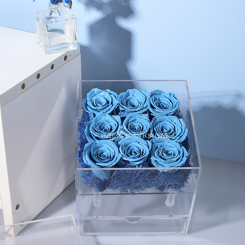 Acrylic Blue Exquisite Nine Eternal Roses Preserved Flowers For Valentine'S Day Gift