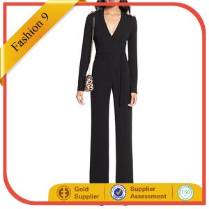 China Long Sleeved Crepe Wrap Jumpsuit With V Neck wholesale