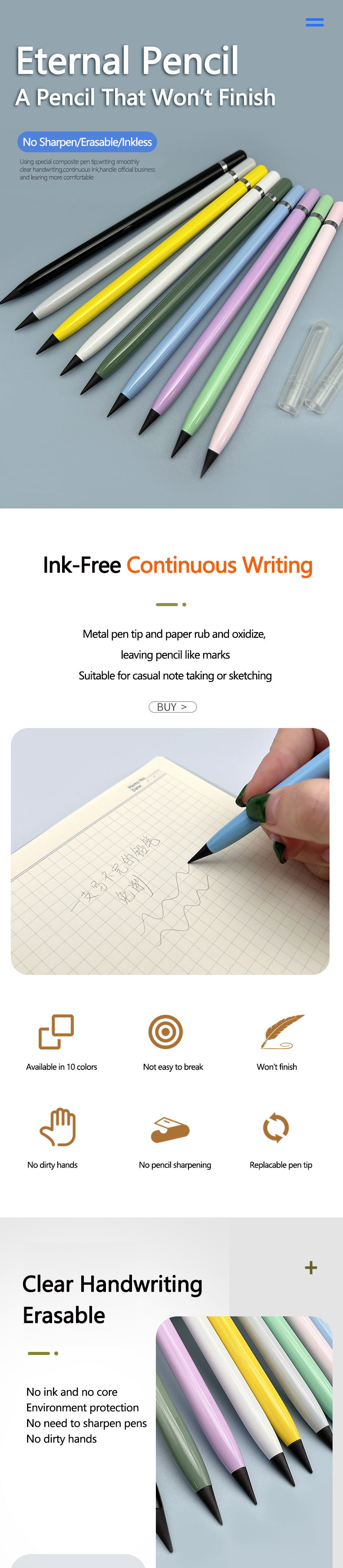 Colorful Creative Pencil Continuous Writing No Sharpen Pencil Sketch Forever Pen