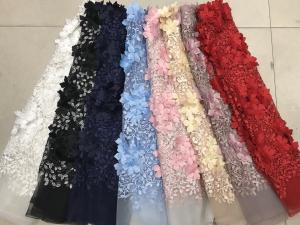 China Polyester 3D Flower Cording Embroidered Lace Beaded Mesh Fabric For Textile on sale