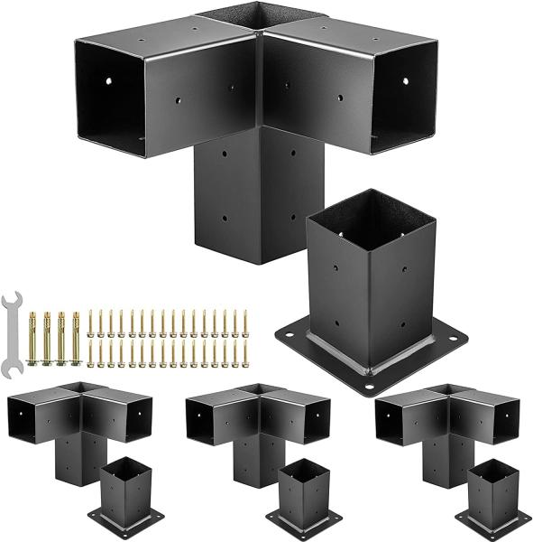 Powder Coated Black 4-Way Pergola Brackets Kit for Wood Post Base and Corner