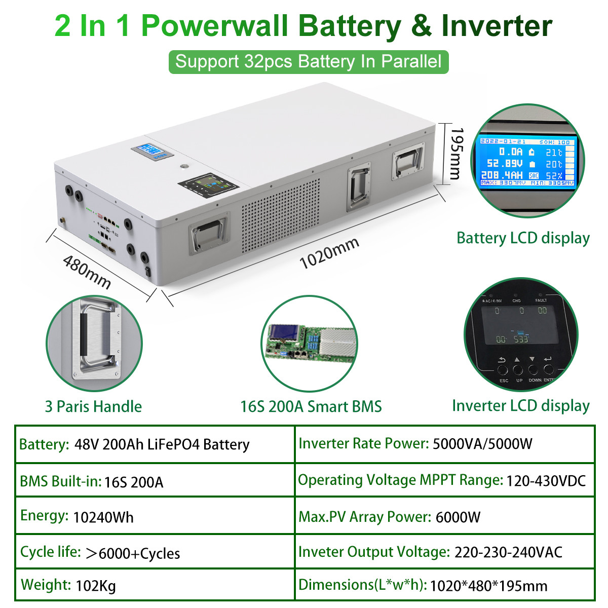 Lithium Solar Battery 1020*480*195mm 200Ah/100Ah with Lithium Iron Phosphate