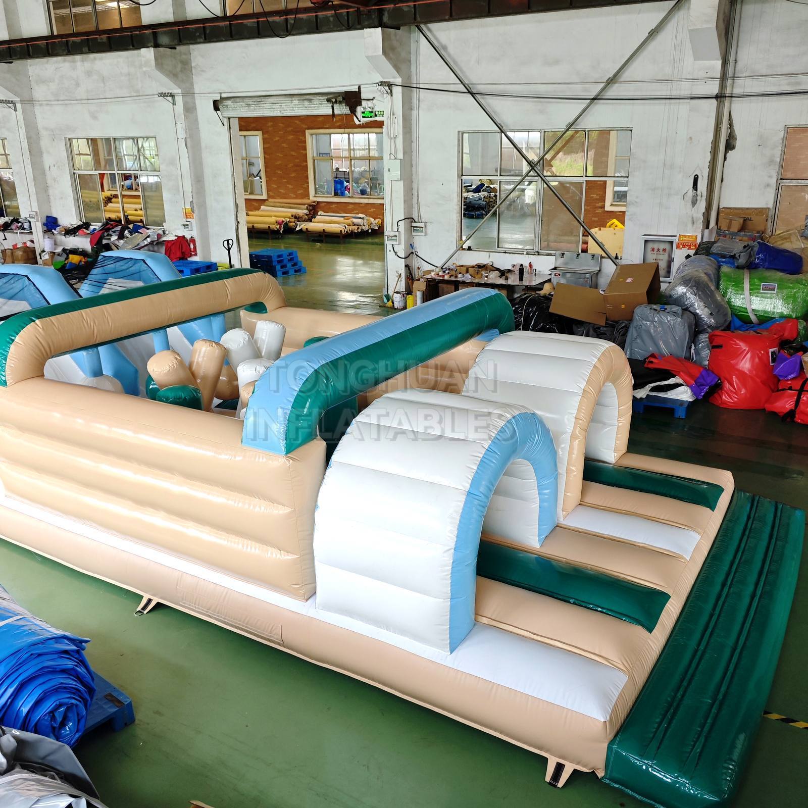 Macaron Color Inflatable Obstacle Course with Tunnels Climbing Walls Slide and Safety Mesh for Events Schools and Rental Business