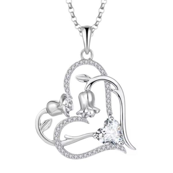 YASVITTI OEM Women's Gift Heart to Heart Necklace Cubic Zirconia Rhodium Plated