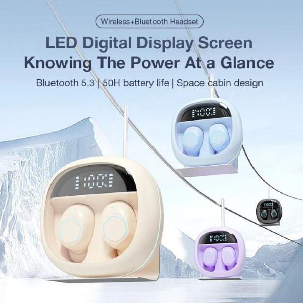 ETEK Transparent-Lid LED Display Wireless Earphones BT 5.3 Touch-Control Earphone F10 Speaker black white complexion Purple