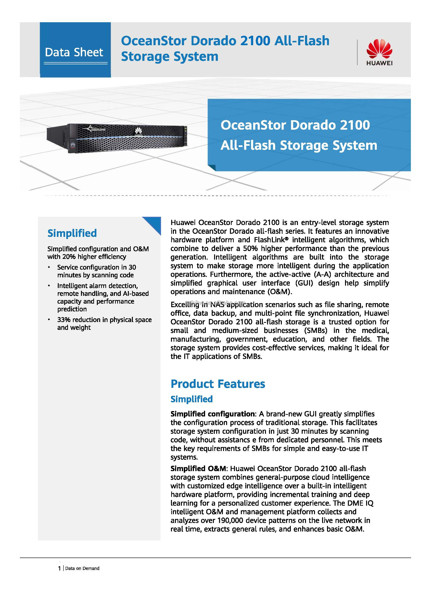 HUAWEI HW OceanStor Dorado 2100 1/10/25 Gbps Ethernet 64GB SAS 3.0 All-flash Storage System