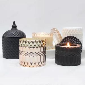 China Transperant Glass Jar Candle Vessel Luxury Embossed Candle Jar With Lid wholesale