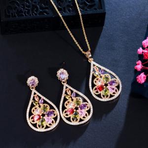 China Women CZ zircon pendant necklace earrings ring copper jewelry set CZ Crystal Necklace and Earring Sets wholesale