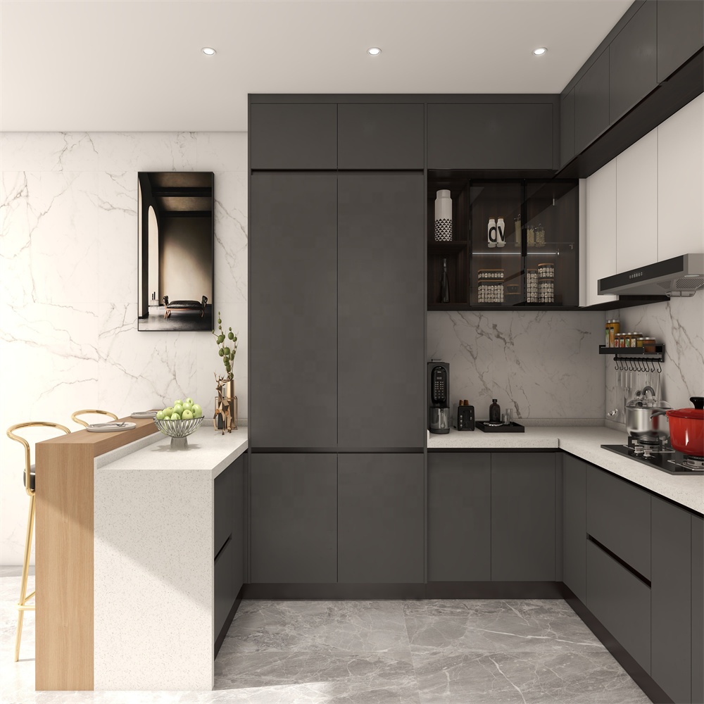Custom Gray White Particle Board Kitchen Cabinet with PVC Membrane Surface Treatment