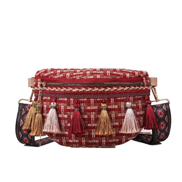 Tassel Decor Adjustable Strap Waist Bags Plaid Pattern Waterproof Cycling Bum
