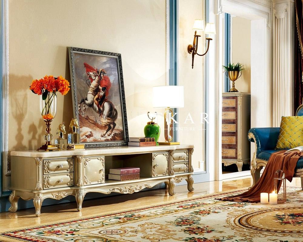 Antique Luxury Marble Top Wooden Tv Stand Cabinet With Drawer