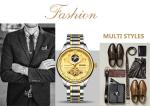 Brand KINYUED automatic skeleton watch gold dial moon phase tourbillon mens