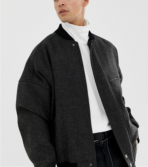 Embroidered Design Mens Black Wool Bomber Jacket With MA1 Pocket
