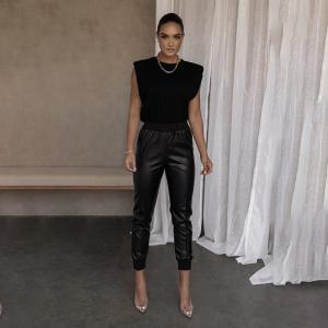 China Slim Women's High Waisted Leather Pants Temperament Ribbing Splicing wholesale