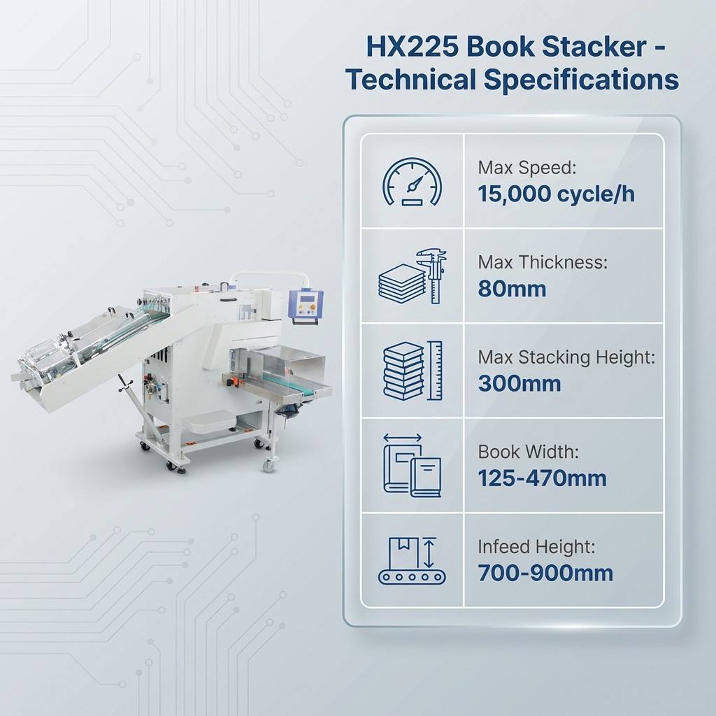 HX225 Perfect Bindery Book Stacker engineered for handling thick bound publications with consistent performance