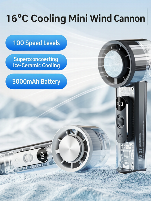 Portable Semiconductor Cooling Handheld Fan, 100-Level Adjust, Digital Display, 3000mAh Type-C with Base & Hook