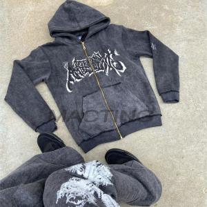 China Customized Streetwear Zipper Zip Up Hoodies and Flared Sweatpants Set in Vintage Style wholesale