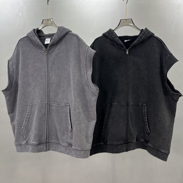 Retro Winter Washed Stir Fried Snowflake Distressed Effect Zipper Loose Edge Shoulder Mouse Bag Heavyweight Hoodie Hooded Vest