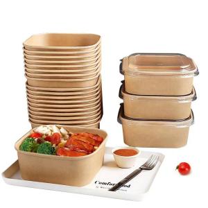China Kraft Paper Salad Takeaway Food Container Printing Rectangular Waterproof 1200ml wholesale