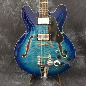 China Semi hollow shell Archtop guitar Quilted maple trans-Blue with Bigsby wholesale