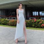 White Split Suspender Long Womens Vacation Dresses Sexy Halter Low Cut V Neck