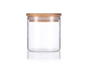 China 16oz Wooden Lid Glass Jar Clear Herb Storage Jar Suction High Borosilicate Glass wholesale