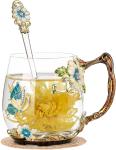 4 Sets Flower Tea Cups Vintage Glass Coffee Mugs With Spoon