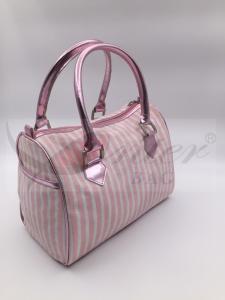China Round Type Design Travel Tote Bags For Women Pink Stripe Two Stylish PU Handle wholesale