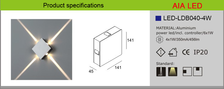 Steel inside 4x1W IP20 modern 5degree beam angle LED wall light /LED decoration wall light