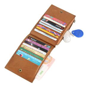 China Sample Nylon Lining Material RFID Blocking Genuine Leather Card Holder Folding Wallet wholesale