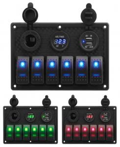 China Waterproof Marine Boat Rocker Switch Panel 6 Gang With Dual USB Socket 3.1A Volt Meter Blue LED Light on sale