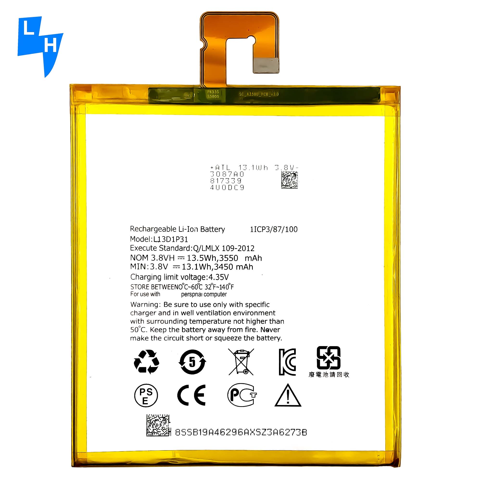 OEM 13.5wh L13D1P31 Battery for Lenovo S5000 A7-50 A3500 S5000H Tablet PC 3550mah 3.8V