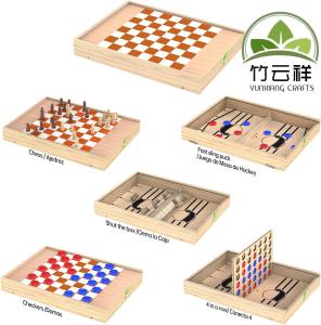 China Wooden Board Game Set with Chess, Checkers, Shut The Box, Hockey Game Sling Puck, for Kids wholesale