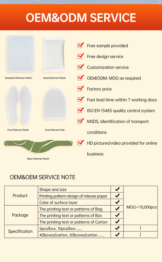 ODM Herbal Hot Packs Instant Warming Patch Iron Powder Hand Warmers Single Use