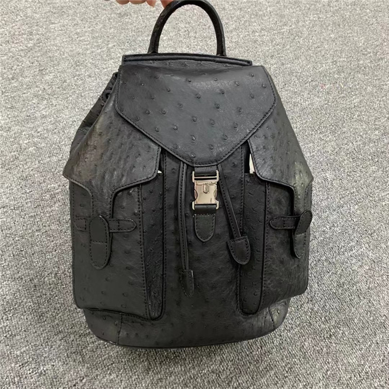 Unisex Style Authentic Ostrich Skin Drawstring Closure Women Men Backpack Genuine Leather Female Male Travel Bag Pack