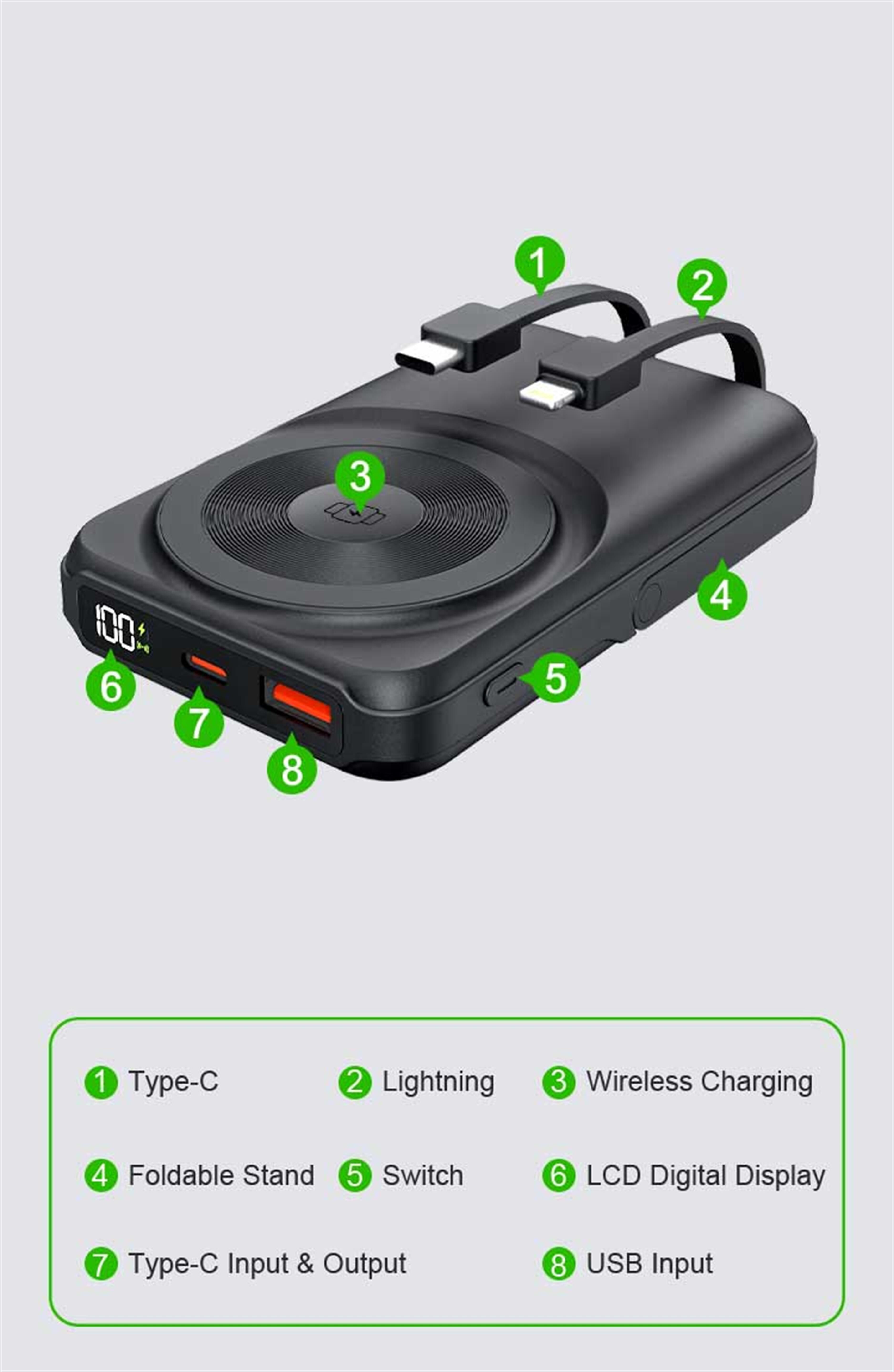 Magnetic Wireless Power Bank Charger Built In Cable 10000mAh