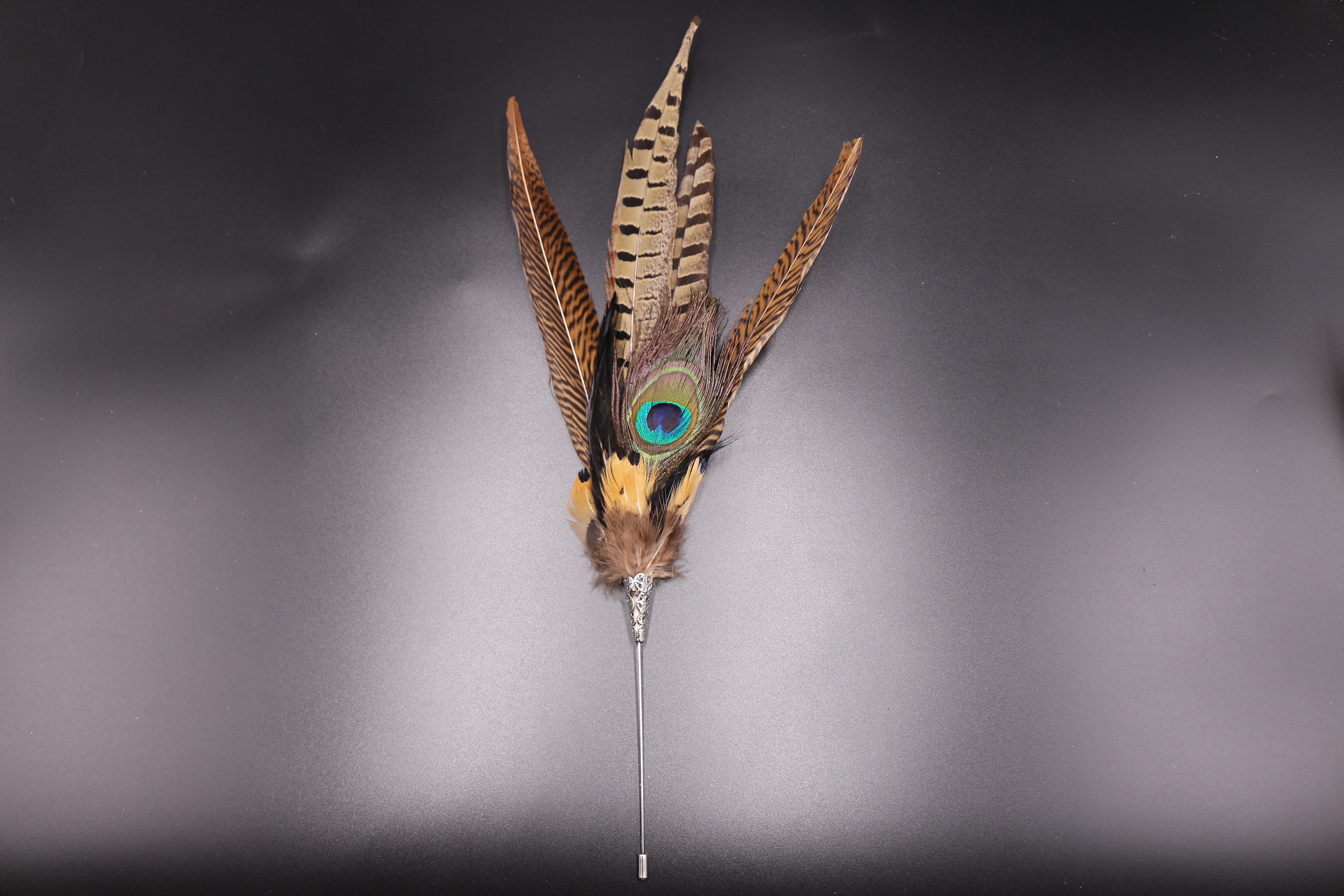 10*30 cm Brass Brooch featuring Dyed Pheasant Feather Flower Mount Detail Option
