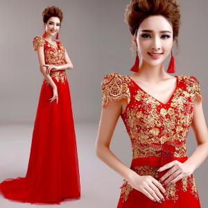China Red Deep V Neck Embroidery Cap Sleeves Elegant Evening Dresses TSJY040 wholesale